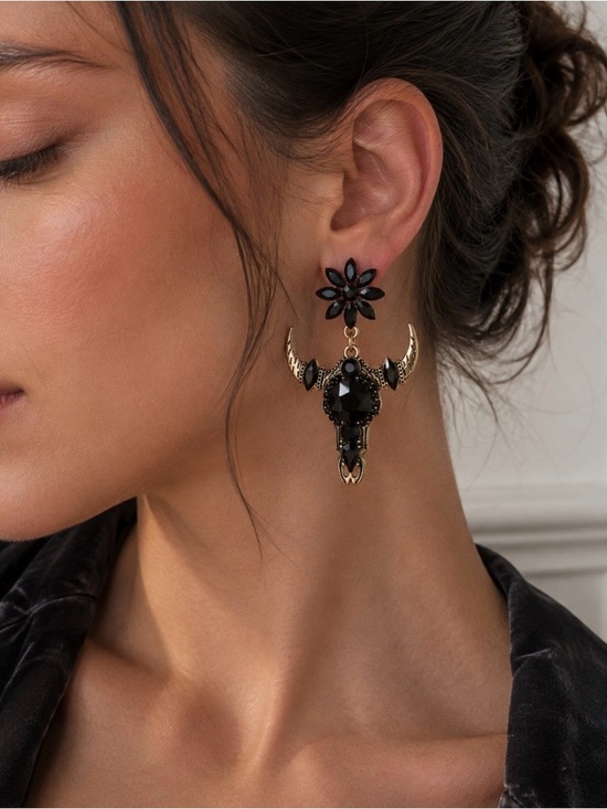 Anthropologie Jewelry - NEW! Trendy Black Crystal Bull Skull Drop Earrings. A2-57